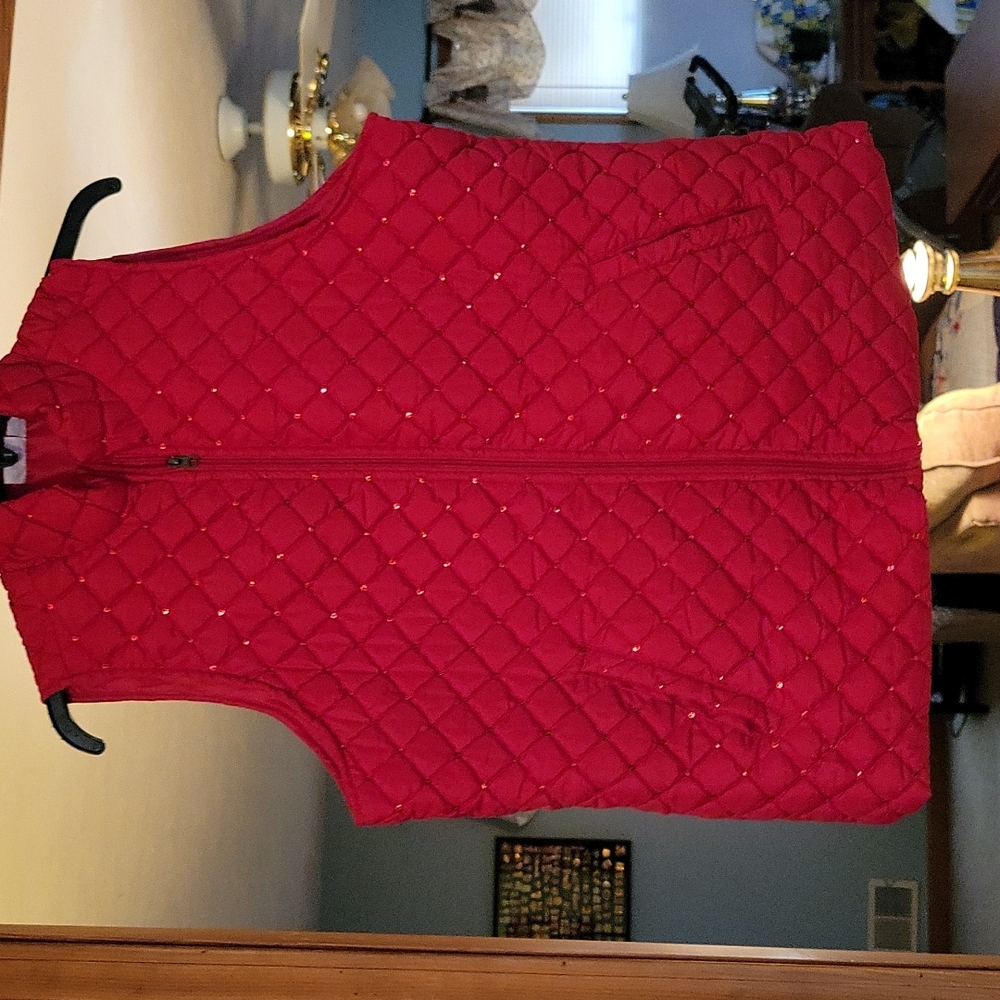 Red puffer vest with sequins